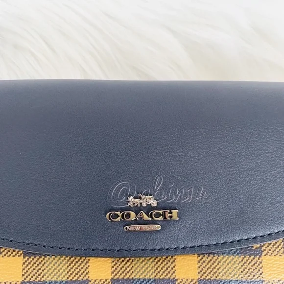 NWT Coach Leather Canvas Envelope Wallet with Gingham Print Blue Yellow - Picture 7 of 9
